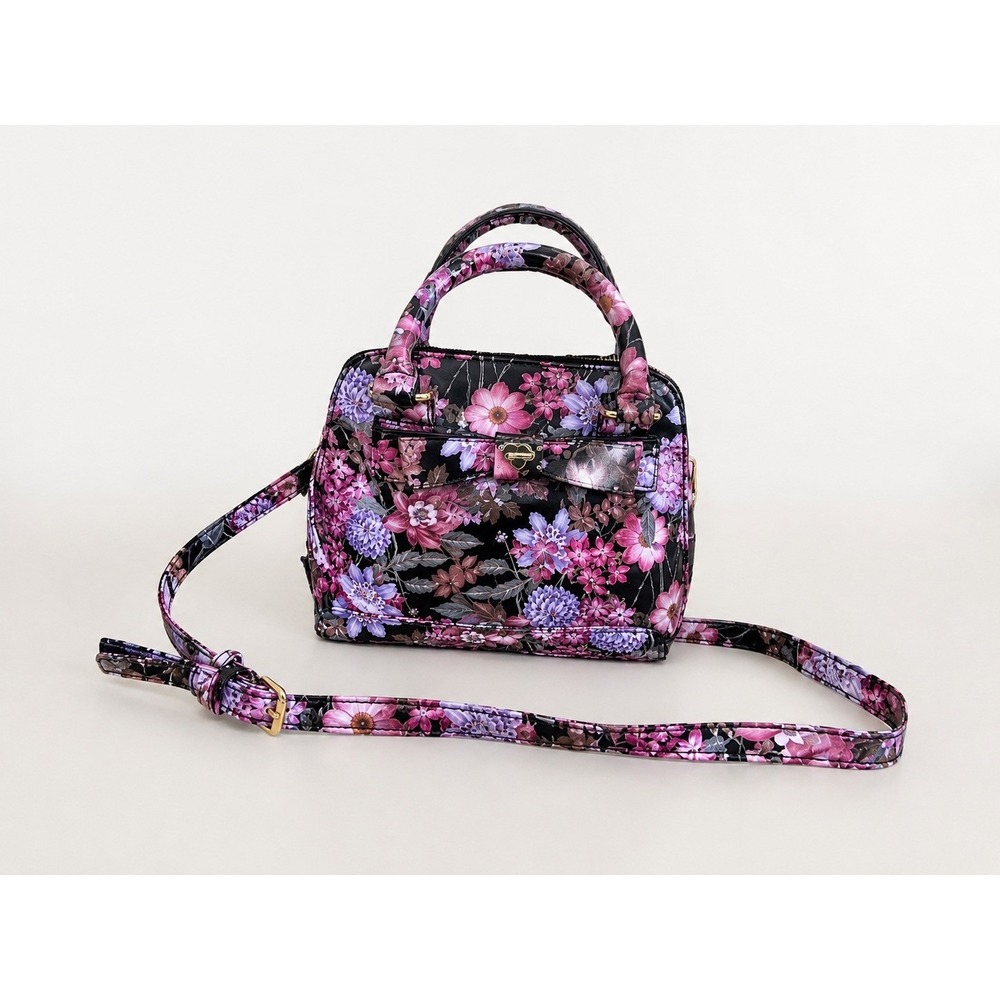 Betsey Johnson Small Mini Pink Purple Floral Black Crossbody Handbag Purse Cute